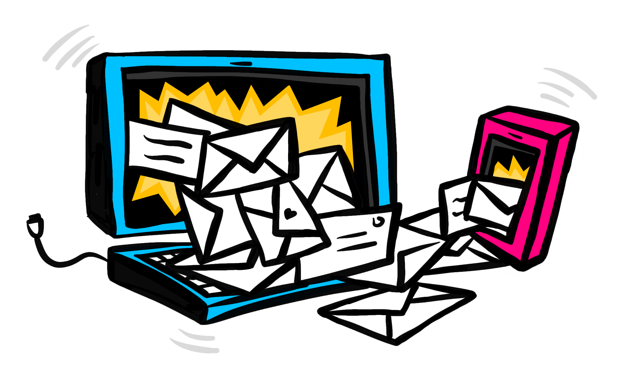 Emails pouring out of a computer display and mobile device display.